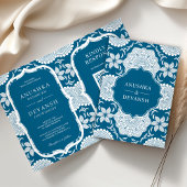 Blue and White Mandala QR Code Indian Wedding Einladung