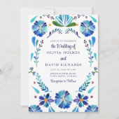 Blue and White Mexican Floral Fiesta Wedding Einladung (Vorderseite)
