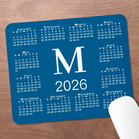 Blue and White Monogram 2026 Calendar Mousepad