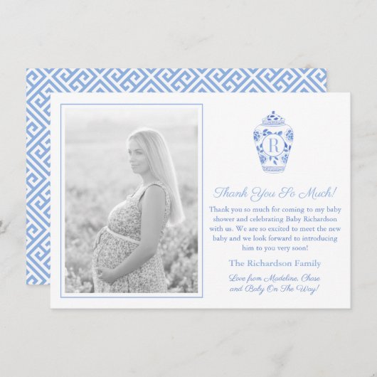 Blue and White Monogram Baby Shooting Picture Dankeskarte (Vorne/Hinten)
