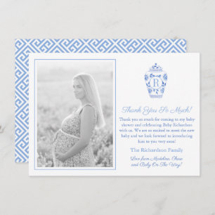 Blue and White Monogram Baby Shooting Picture Dankeskarte