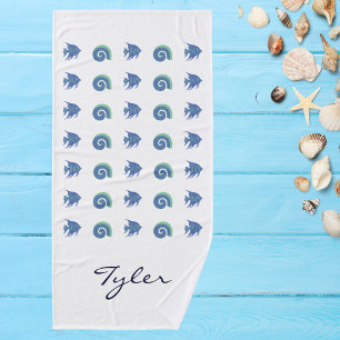 Blue and White Muschel Fan Name Beach House Badhandtuch Set