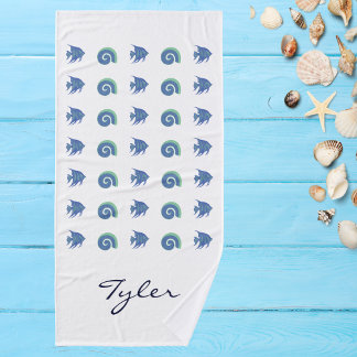Blue and White Muschel Fan Name Beach House Badhandtuch Set