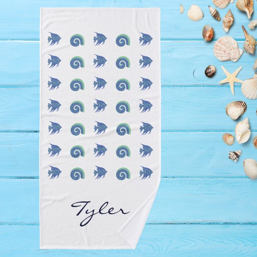 Blue and White Muschel Fan Name Beach House Badhandtuch Set