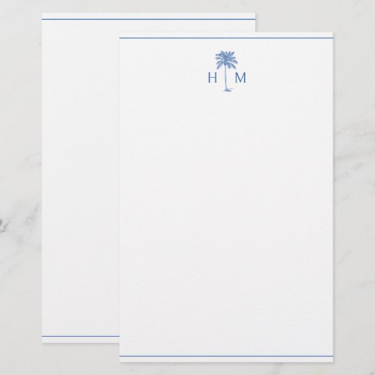 Blue and White Palm Palmetto Tree Monogram Briefpapier (Vorne/Hinten)