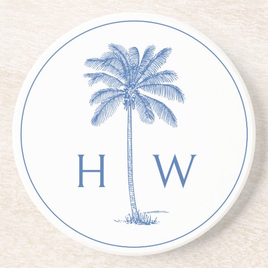 Blue and White Palm Palmetto Tree Monogram Getränkeuntersetzer (Vorne)