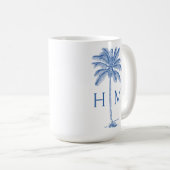Blue and White Palm Palmetto Tree Monogram Kaffeetasse (VorderseiteRechts)