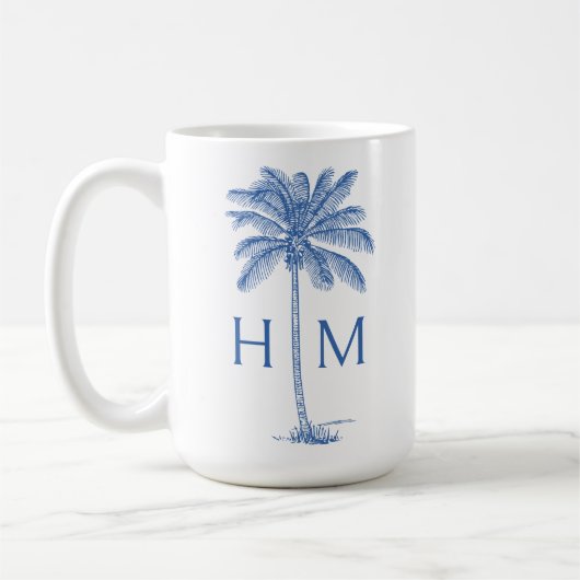 Blue and White Palm Palmetto Tree Monogram Kaffeetasse (Links)