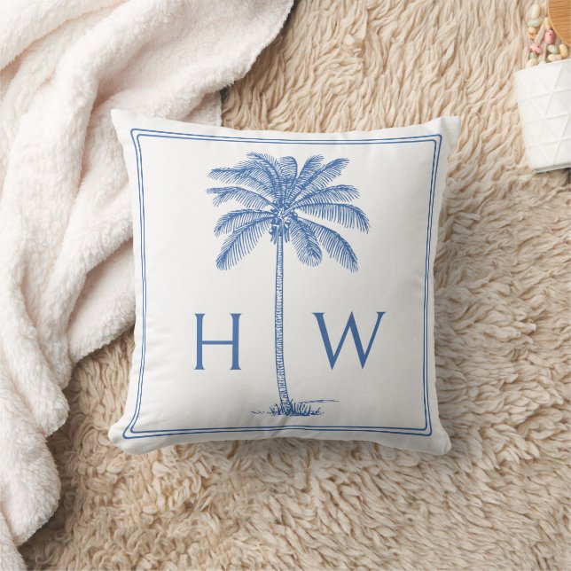 Blue and White Palm Palmetto Tree Monogram Kissen (Decke)