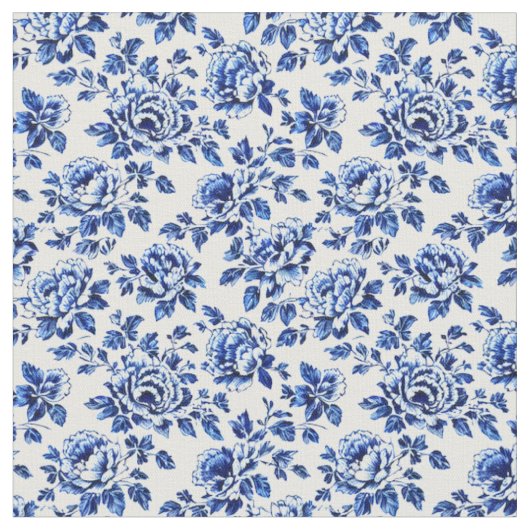 Blue and White Peonies Toile de Jouy Stoff (Nahaufnahme)