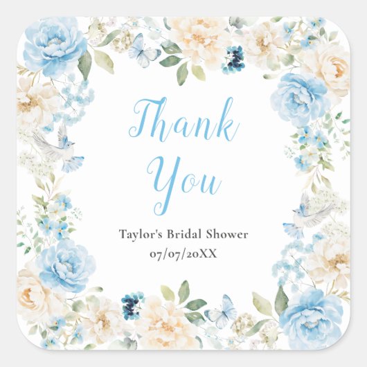 Blue and White Peony Brautparty Vielen Dank Quadratischer Aufkleber (Vorderseite)