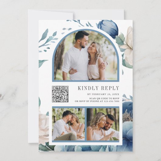 Blue and White Peony Mason Jar QR Code Hochzeit Einladung (Rückseite)