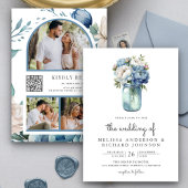 Blue and White Peony Mason Jar QR Code Hochzeit Einladung