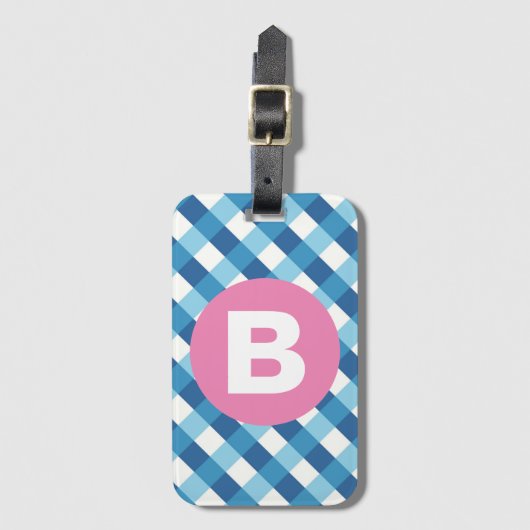 Blue and White Plaid Checked Pink Monogram Gepäckanhänger (Vorderseite Vertikal)