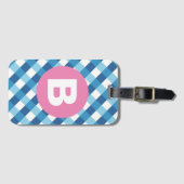Blue and White Plaid Checked Pink Monogram Gepäckanhänger (Vorderseite (Horizontal))