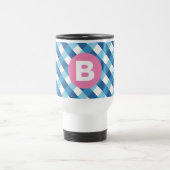 Blue and White Plaid Checked Pink Monogram Reisebecher (Mittel)