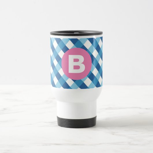 Blue and White Plaid Checked Pink Monogram Reisebecher (Mittel)