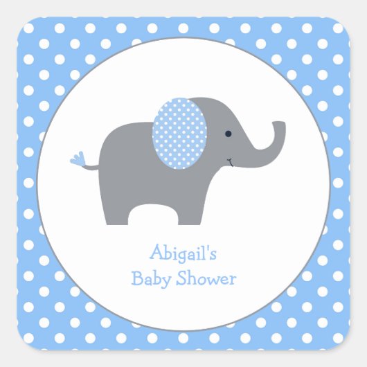 Blue and White Polka Dot Elephant Baby Shower Squ Quadratischer Aufkleber (Vorderseite)