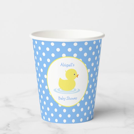 Blue and White Polka Dot Yellow Duck Baby Duck Pappbecher (Rückseite)