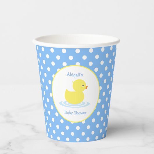 Blue and White Polka Dot Yellow Duck Baby Duck Pappbecher (Vorderseite)