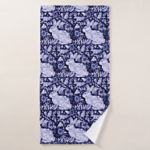Blue and White Rabbit Bird Batrh Towel Dedham Navy