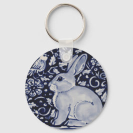Blue and White Rabbit with Bird Tile Design Schlüsselanhänger