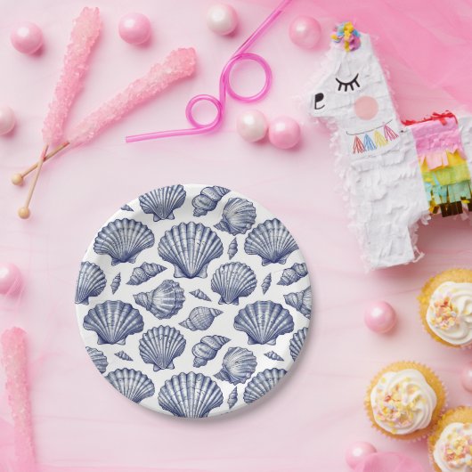 Blue and White Seashell Clam Muschel Beach Teller (Party)