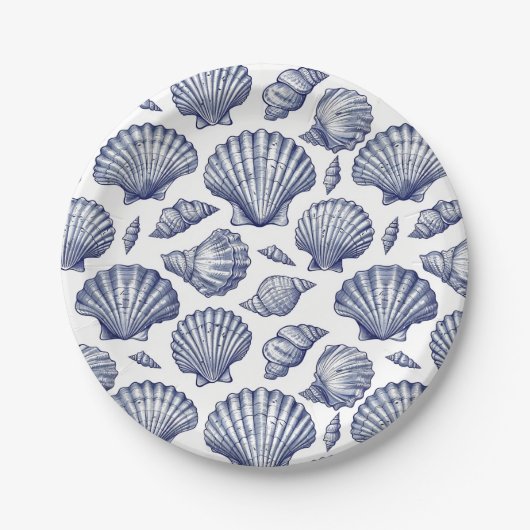 Blue and White Seashell Clam Muschel Beach Teller (Vorderseite)