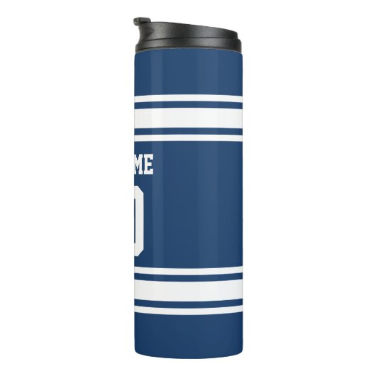 Blue and White Sports Jersey Streifen Name Custom Thermosbecher (Nach rechts gedreht)