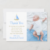 Blue and White Stripe Sailboat Babydusche Dankeskarte (Vorderseite)
