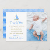 Blue and White Stripe Sailboat Babydusche Dankeskarte (Vorne/Hinten)