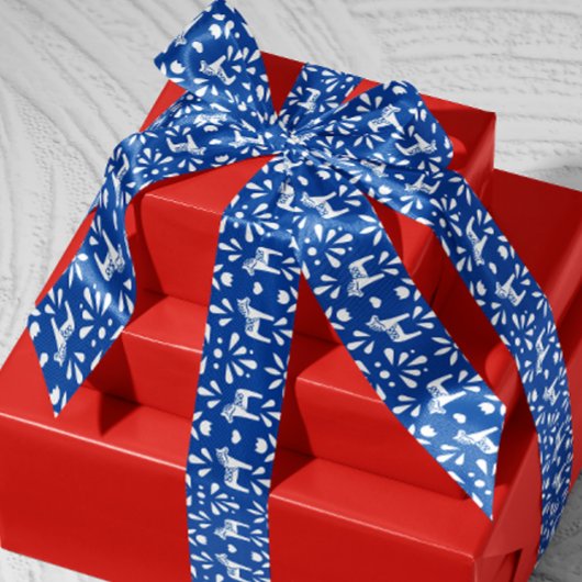 Blue and White Swedish Dala Horse Holiday Satinband