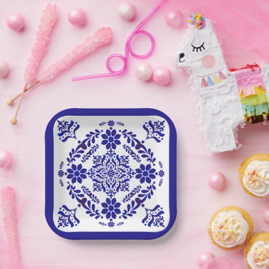 Blue and White Talavera Drei Quadrate Pappteller (Party)