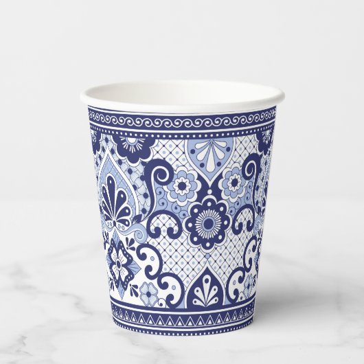 Blue and White Talavera Mexican Folk Art Tasse Pappbecher (Rückseite)