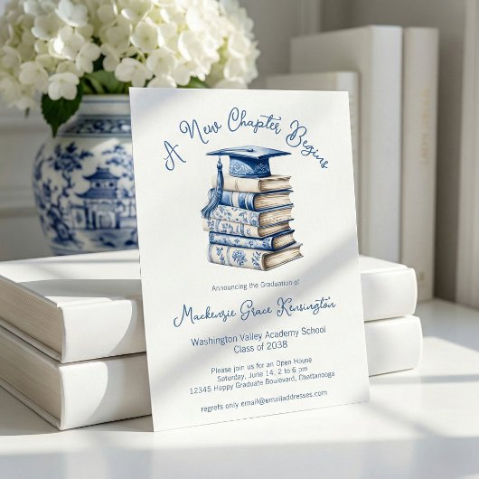 Blue and White Toile Books New Chapter Abschluss Einladung
