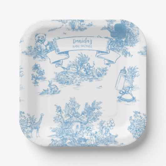 Blue and White Toile de Jouy Baby Dusche Pappteller (Vorderseite)