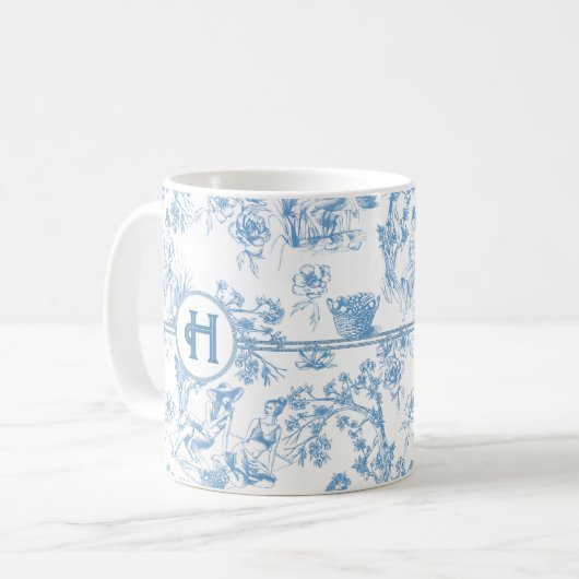 Blue and White Toile de Jouy Brautparty Kaffee Kaffeetasse (Vorderseite Links)