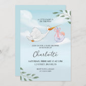 Blue and White Watercolor Stork Baby Dusche Einladung (Vorne/Hinten)