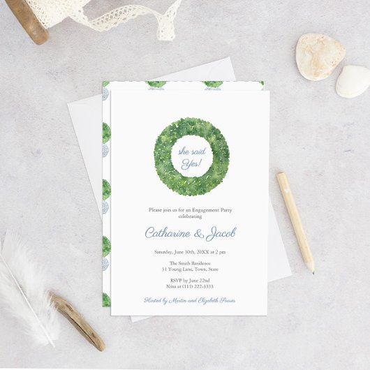 Blue and White Wedding Boxwood Engagement Party Einladung