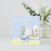 Blue and Yellow Baby Boy Dusche Einladung (Stehend Vorderseite)