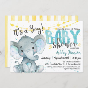 Blue and Yellow Boy Elephan Baby Shower Einladung