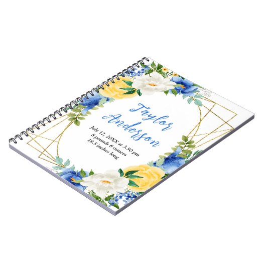Blue and Yellow Floral Baby Birth Stats Notizblock (Linke Seite)