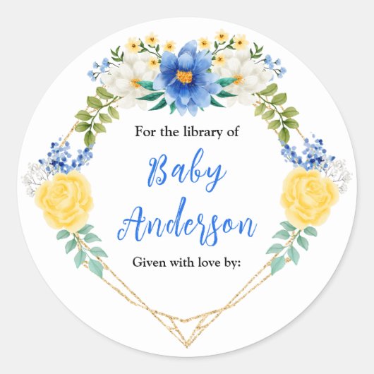Blue and Yellow Floral Baby Shower Bookplate Runder Aufkleber (Vorderseite)