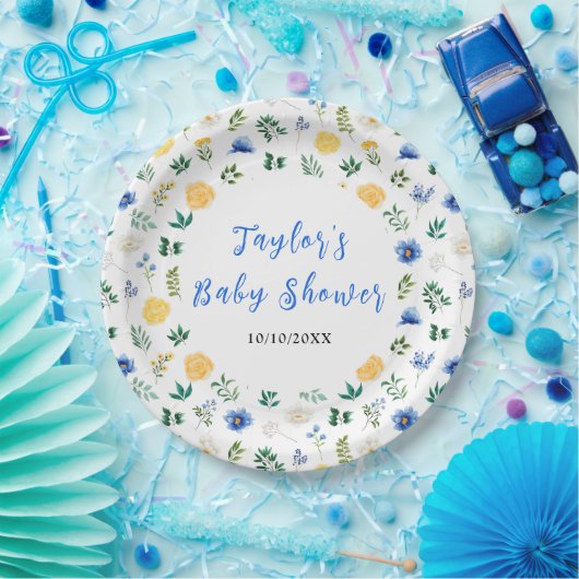 Blue and Yellow Floral Baby Shower Pappteller (Party)