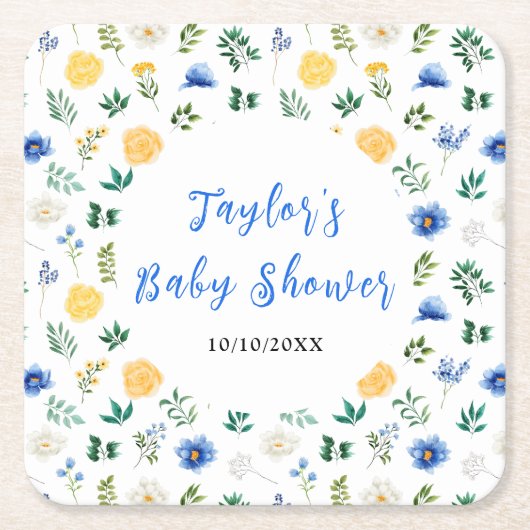 Blue and Yellow Floral Baby Shower Rechteckiger Pappuntersetzer (Vorderseite)