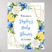 Blue and Yellow Floral Baby Shower Welcome Sign Poster (Vorne)