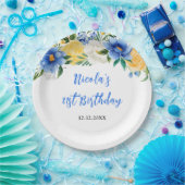 Blue and Yellow Floral Birthday Pappteller (Party)