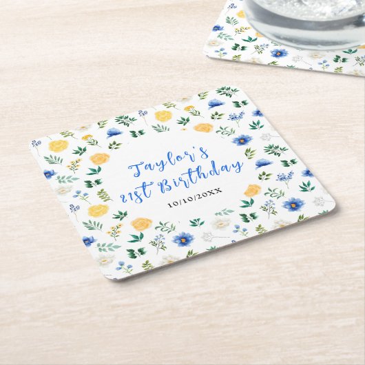 Blue and Yellow Floral Birthday Rechteckiger Pappuntersetzer (angewinkelt)