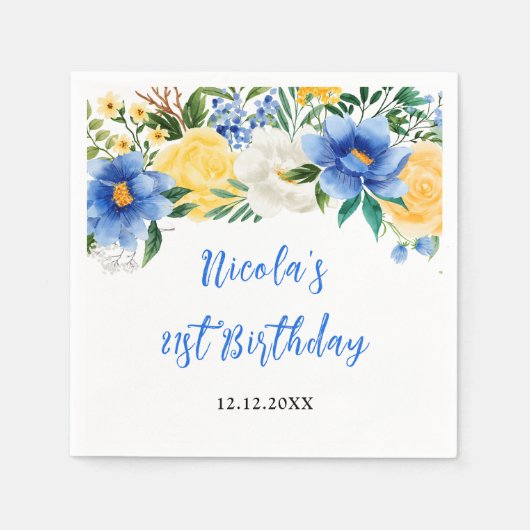 Blue and Yellow Floral Birthday Serviette (Vorderseite)