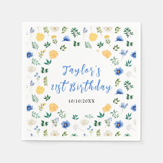 Blue and Yellow Floral Birthday Serviette (Vorderseite)